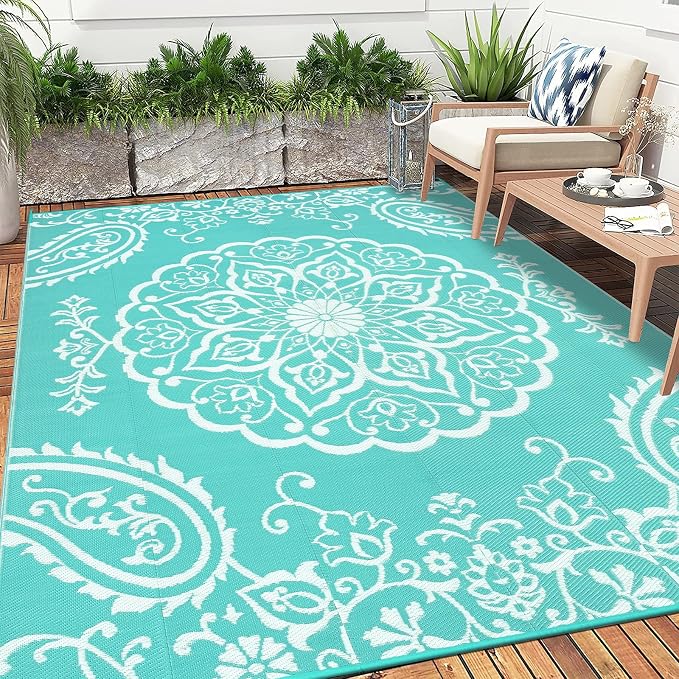 Pauwer Outdoor Rug 8x10, Waterproof Plastic Camping Rug, Boho Light Blue | Reversible Patio Rug, UV Resistant Indoor Outdoor RV Mat Carpet For Deck, Camper, Porch, Balcony, Backyard, Picnic, Foldable