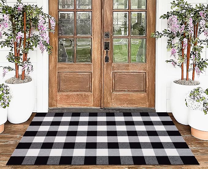 3'x 5' Outdoor Rug,Black and White Porch Rug Cotton Woven Washable Layered Doormat for Welcome Door Mat Porch Entryway Bedroom Living Room