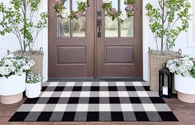 Black and White Outdoor Rug 24''X 51'' Front Porch Rug Cotton Woven Washable Checkered Layering Door Mat for Door Mats Outdoor Porch Entryway Bedroom Living Room