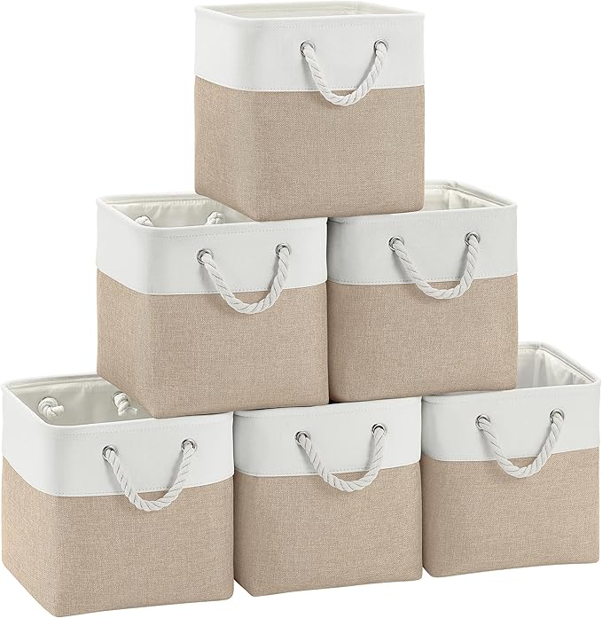 FinishingBo 11 inch Cube Storage Bin with Handles 6 Pack | Foldable Basket, Fabric Storage Bins, Closet Storage, Home Organizer (White/Khaki)