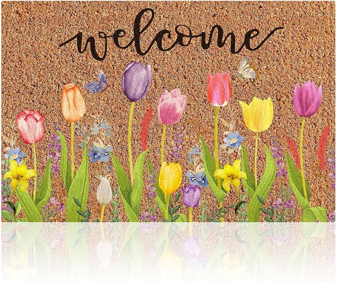 Ceenna Spring Welcome Doormat Outdoor Spring Coir Door Mat Flowers Butterfly Front Door Mat Indoor Non Slip Floral Front Porch Rugs for Home Entrance Decoration, 16 x 28 Inch