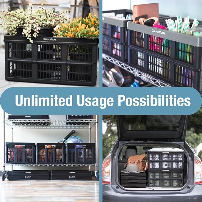 CleverMade Collapsible Utility Crates, 45L, 3 Pack, Obsidian | Interlocking crates stack open or folded and carry 66 lb each. Side handles make groceries, tools, and gear easier to move.