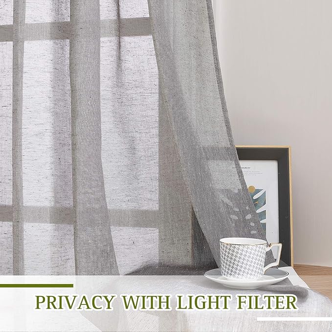 NICETOWN Sheer Curtains Flax Texture for Bedroom, Vintage Grommet Top Linen Textured Semitransparent Privacy Window Treatment Light Filter for Living Room, 52" W x 96" L, Set of 2, Charcoal Grey