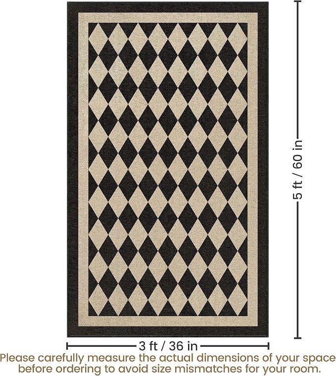 Washable Checkered Easy Jute Rug 3x5, Black Checkerboard Boho Geometric Outdoor Indoor Patio Small Rugs, Woven Non Slip Thin Neutral Carpet Door Mat for Bedroom Entryway Front Door Farmhouse