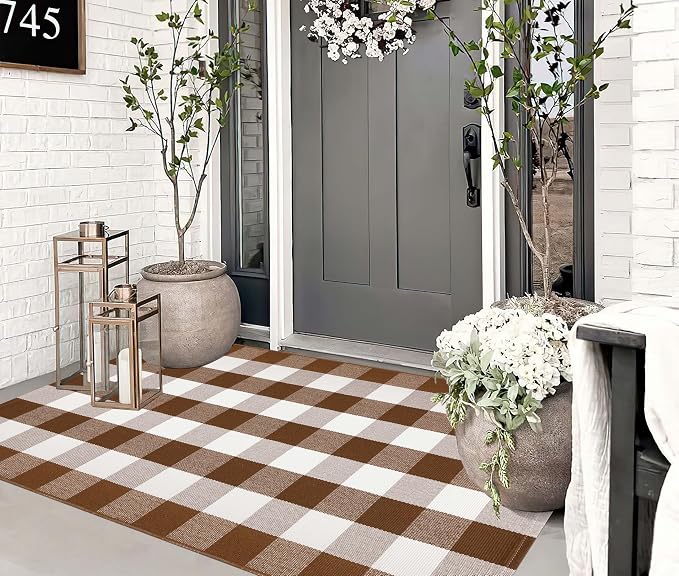 3'x5' Outdoor Rug,Coffee and White Buffalo Plaid Rug Farmhouse Front Porch Rug Machine Washable Front Door Mat Outdoor for Hello Welcome Mat,Bedroom,Entryway,Patio