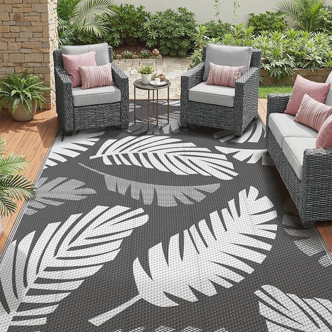 GENIMO Outdoor Rug, Waterproof Plastic Rugs for Patio, 6'x9' Grey White | Outside Larger Leaf Carpet Mat for Porch Decor, Deck, Balcony, Camping, RV, Backyard, Picnic, Beach, Reversible, Foldable