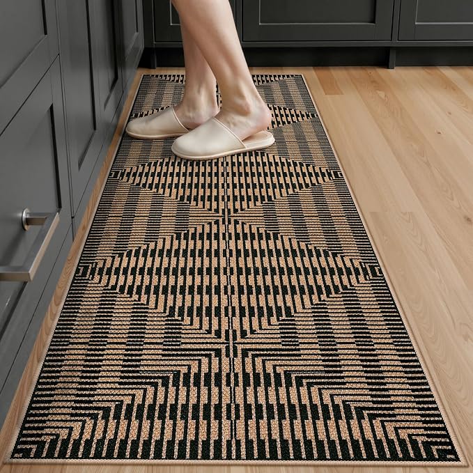 LIVEBOX Easy Jute Indoor Outdoor Runner Rug 2x6, Washable Runners for Hallways Non Slip, Farmhouse Geometric Striped Rugs for Kitchen, Entryway (Black)