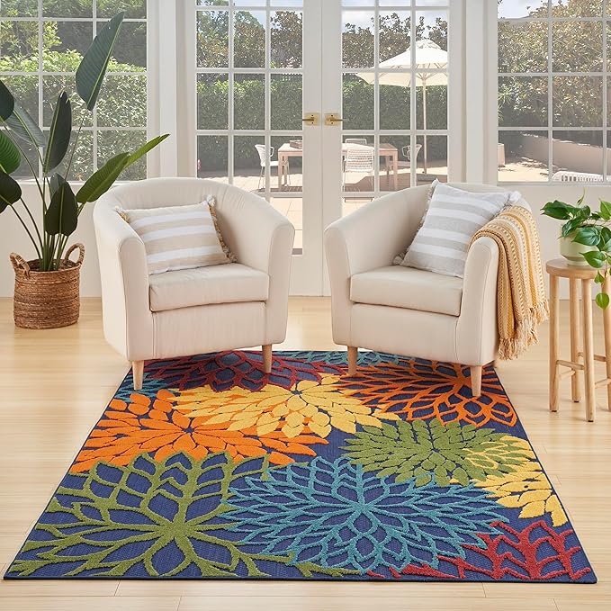 Nourison Home Aloha Navy Multicolor 6' x 9' Area Rug - Easy Clean, Non Shedding, Bed Room, Living Room, Dining Room, Kitchen (6' x 9')