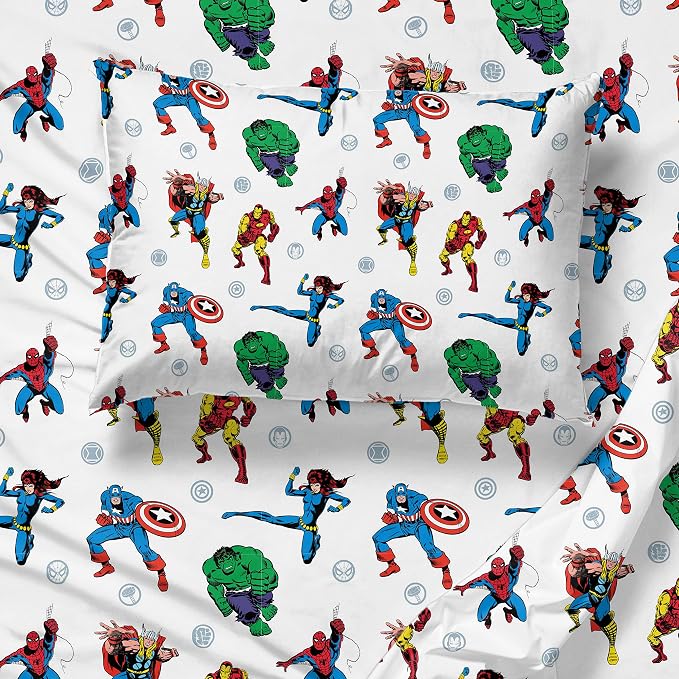 Marvel Comics Iron Man Twin Comforter Set 4 Piece Kids Bedding, Multi | Hulk Captain America, Bed in a Bag, Comforter Sheets Pillowcase, Soft Microfiber, Machine Washable, Boys Gift