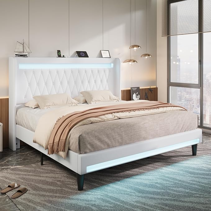 Allewie King Size Upholstered Bed Frame with LED & Charging Station, White | Customizable LED lights, charging station, tufted wingback headboard, noise-reducing support, and no box spring needed.