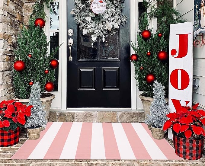 Pink White Striped Rug -2.3'x3.6' Front Door Rugs Outdoor, Small Washable Area Rug for Front Porch, Spring Summer Welcome Mats Outdoor Indoor, Doormat for Entryway Porch Entrance
