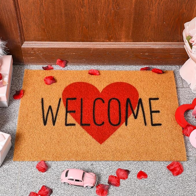 Ceenna Valentine's Day Doormat Outdoor Valentine's Heart Coir Doormat with Non-Slip Backing Red Heart Valentines Day Mat Front Porch Rug Outside Door Mat for Home Entrance Decor, 16 x 28 Inches