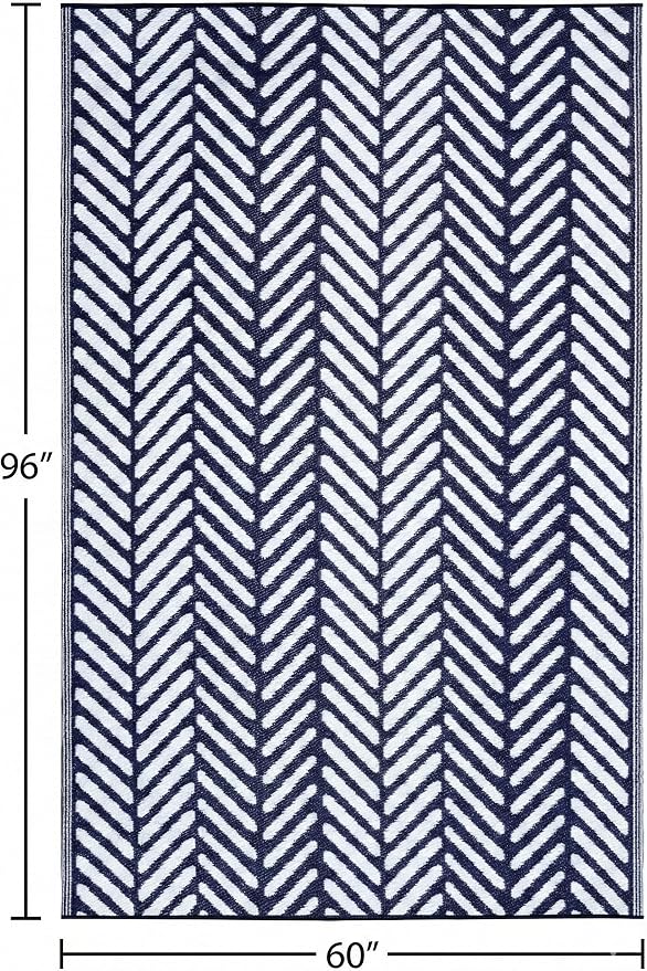 FH Home Outdoor Rug - Waterproof, Fade Resistant, Reversible - Premium Recycled Plastic - Herringbone - Patio, Porch, Deck, Balcony - Fresno - Navy Crease Free - 5 x 8 ft
