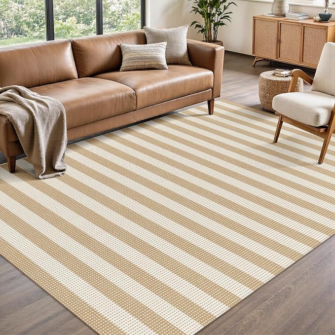 Rugalia Washable Woven 5x7 Area Rug, Natural Beige Striped Cotton Living Room Rugs Low Plie Non-Slip Outdoor Patio Rug, Modern Farmhouse Neutral Floor Carpet for Dining Room Bedroom Balcony