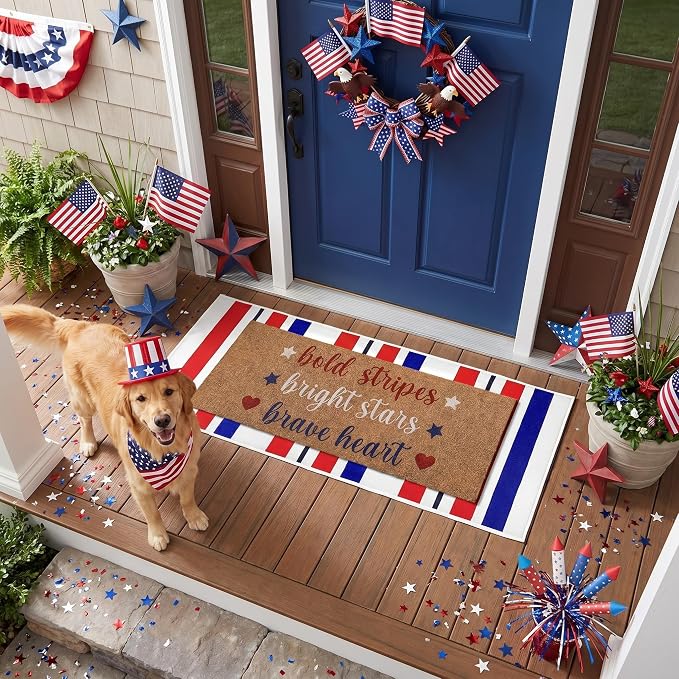 Moucuny 2 Pcs Patriotic Doormat Outdoor Decor 4th of July Coir Doormat Red Blue White Striped Welcome Rug Non-Slip Independence Day Memorial Day 250th Anniversary Mat Front Porch Entrance Decor
