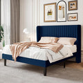 SHA CERLIN Queen Size Velvet Bed Frame, Tufted Wingback Headboard, Blue | 47'' Modern Vertical Channel Headboard, Upholstered Platform Bed, Wood Slats, No Box Spring Needed, Easy Assembly, Noise Free