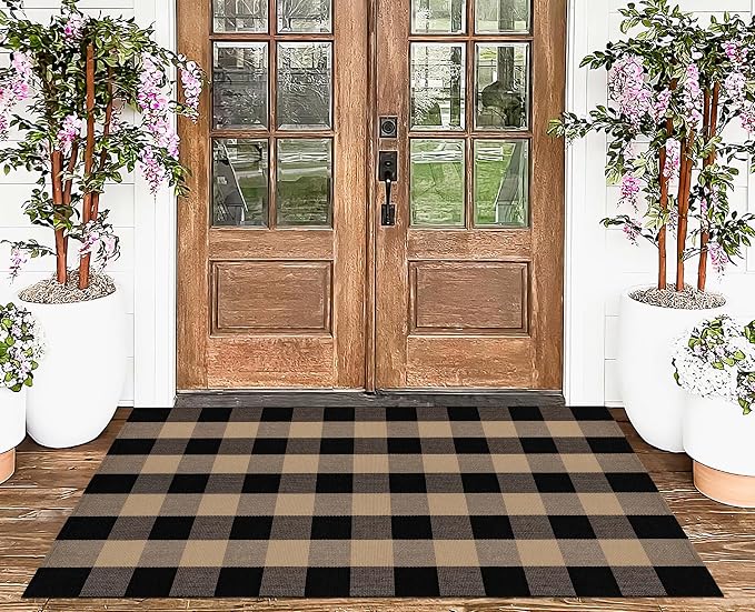 Outdoor Rug 3'x5' Tan and Black Checkered Porch Rug Cotton Woven Washable Area Rug Indoor Outdoor Door Mats for Welcome Layered Porch Entryway Bedroom Living Room
