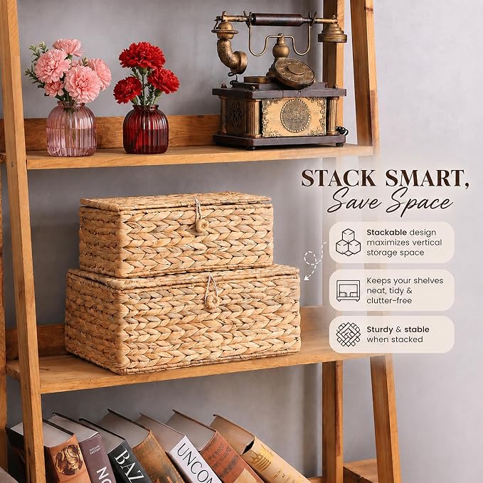 LUSYDECO Set of 3 Wicker Storage Baskets with Lid, Large Rectangular Rattan Basket Decorative Boxes, Natural Water Hyacinth Wicker Basket for Shelf Organizer, Nursery Room