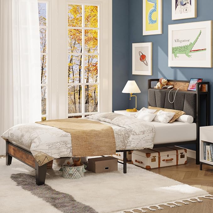 LIKIMIO Twin XL Bed Frames, Storage Headboard with Charging Station, Solid and Stable, Noise Free, No Box Spring Needed, Easy Assembly