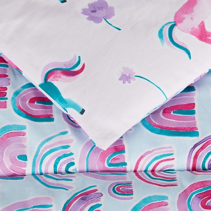 Amazon Basics Kids' 3-Piece Lightweight Cotton Shell Reversible Comforter Set with Pillow Sham, USTCP Certified, Twin, Unicorns and Rainbows