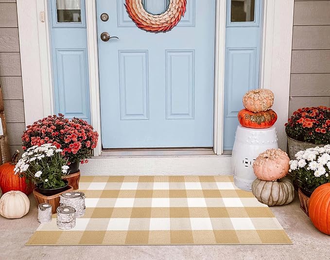 Khaki and White Layered Doormat 27.5''X 43.3''Checkered Farmhouse Porch Rug Cotton Woven Washable Front Door Mat Outdoor for Welcome Door Mat Entryway Bedroom Living Room