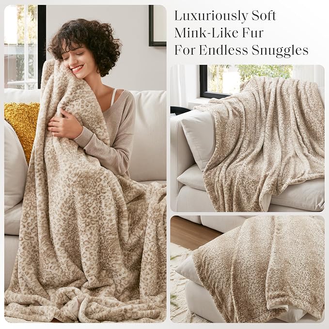 Madison Park Zuri Faux Fur Reversible Throw Blanket, 50 x 60 in, Leopard | Soft Plush, Luxury, Animal Stripes, Mink Reverse, Modern, All Season, for Bed Sofa Couch, OEKO-TEX Certified