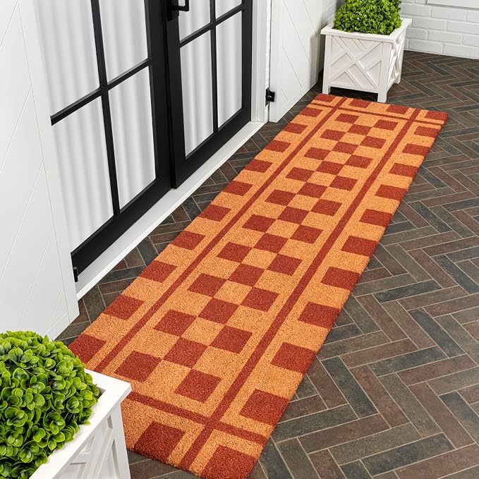 JONATHAN Y Natural Coir Indoor/Outdoor Runner Rug 2X8 Natural/Red, Peater Classic Casual Commerical Doormat Ideal for Door Entrance, Patio, Porch, Backyard, Garages NRF109A-28