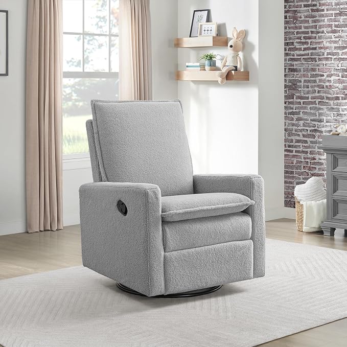 Oxford Baby Uptown Upholstered Glider Recliner Rocking Chair 360° Swivel for Nursery and Living Room - Boucle Koala Gray, Green Guard Gold Certified