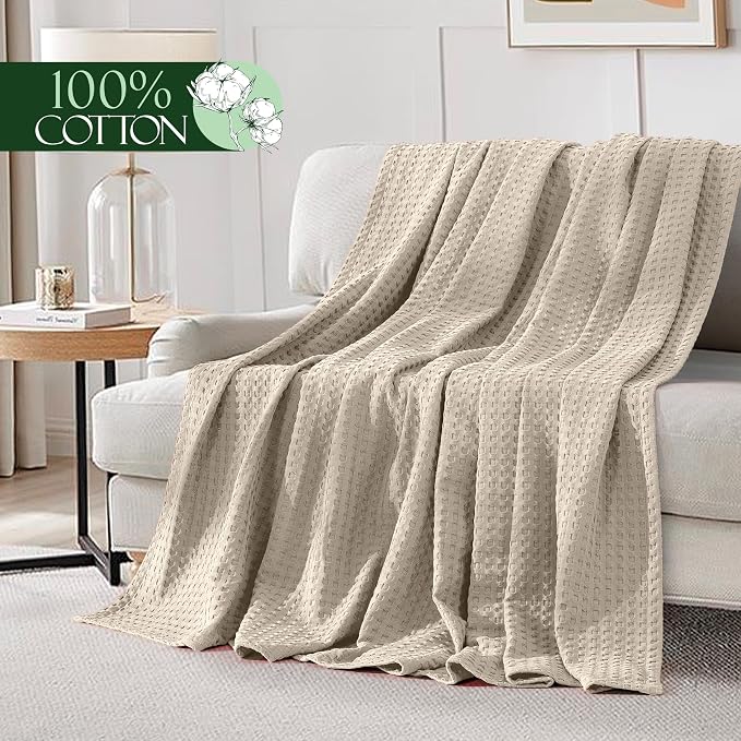 Elegant Comfort Premium 100% Cotton Waffle Blanket - Lightweight Breathable Waffle Weave Bed Blanket - Soft and Warm All Season Blanket for Couch, Sofa and Bed, Full Size 88x88 Inches, Linen