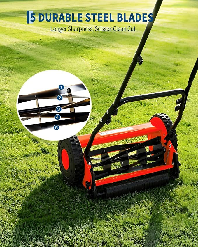 PeakPursuit Manual Push Reel Lawn Mower – 14-Inch 5-Blade, Adjustable Cutting Height, Lightweight, Quiet Operation, Compact Storage, Easy Assembly, Perfect for Small to Medium Yards – Red