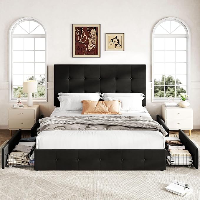 Allewie Upholstered Full Size Platform Bed Frame with 4 Storage Drawers and Adjustable Headboard, Square Button Tufted, Wooden Slats Support, Noise-Free, No Box Spring Needed, Easy Assembly, Black