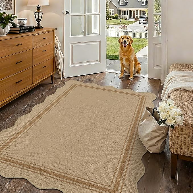 Easy Jute 3x5 Outdoor Rug Washable Non Slip Rug for Entryway Indoor Outdoor Farmhouse Neutral Scalloped Carpet for Backyard Patio Proch Living Room