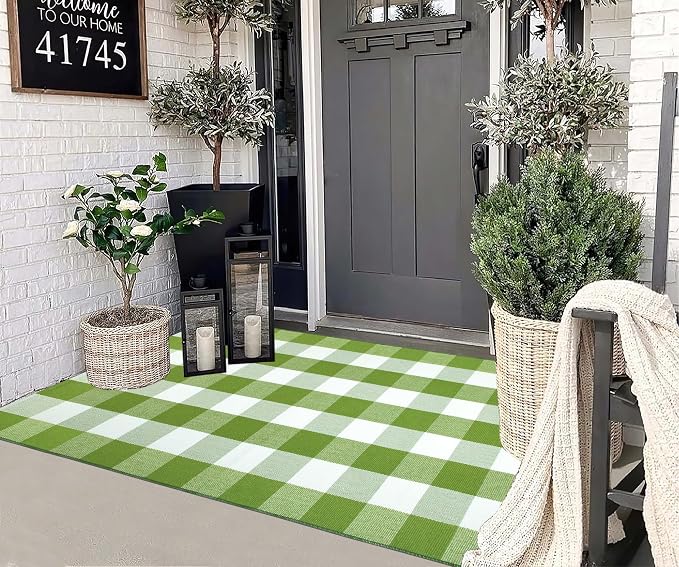 Green and White Outdoor Rug 3'X 5' Buffalo Checked Porch Rug Cotton Woven Machine Washable Layering Door Mat for Welcome Door Mat Porch Entryway Bedroom Living Room
