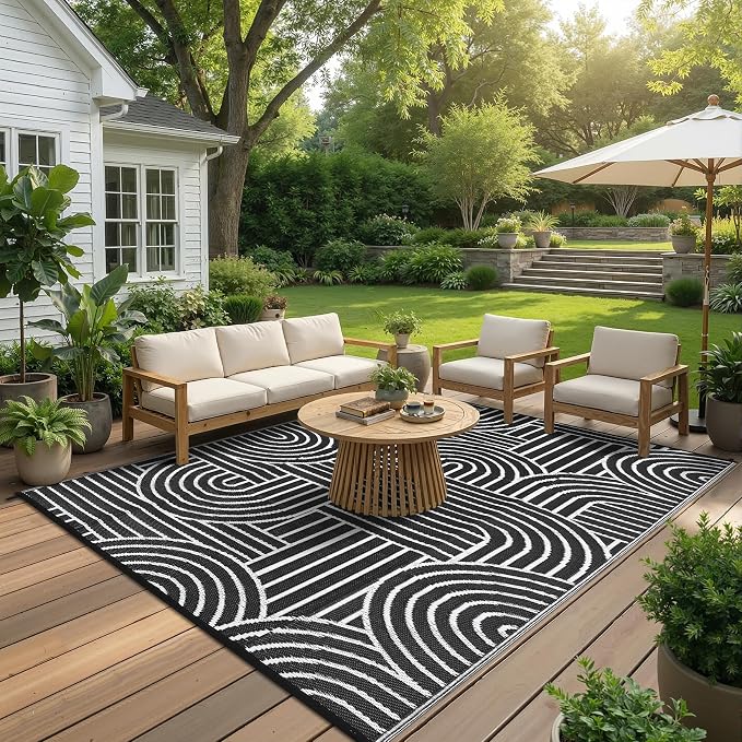 Garvee Reversible Rainbow Outdoor Rug 9x12, Waterproof Outdoor Plastic Straw Rug, RV Mat for Picnics, Patio, Camping, Balcony, Deck, Backyard, Porch, Black