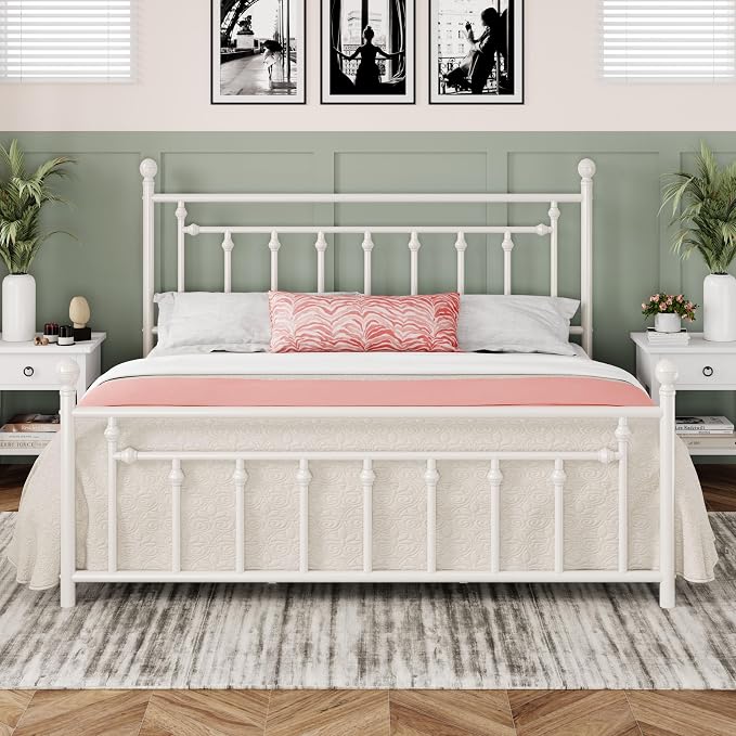 Allewie 14'' King Size Metal Platform Bed Frame, Vintage Headboard, White | 50'' Tall Victorian Headboard/Footboard/Mattress Foundation/Under Bed Storage/No Box Spring Needed/Easy Assembly/Noise Free