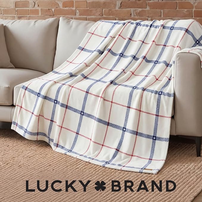 Lucky Brand 50" x 70" Plush Throw Blanket, Ditsy Star Plaid White Blanket for Sofa or Bed