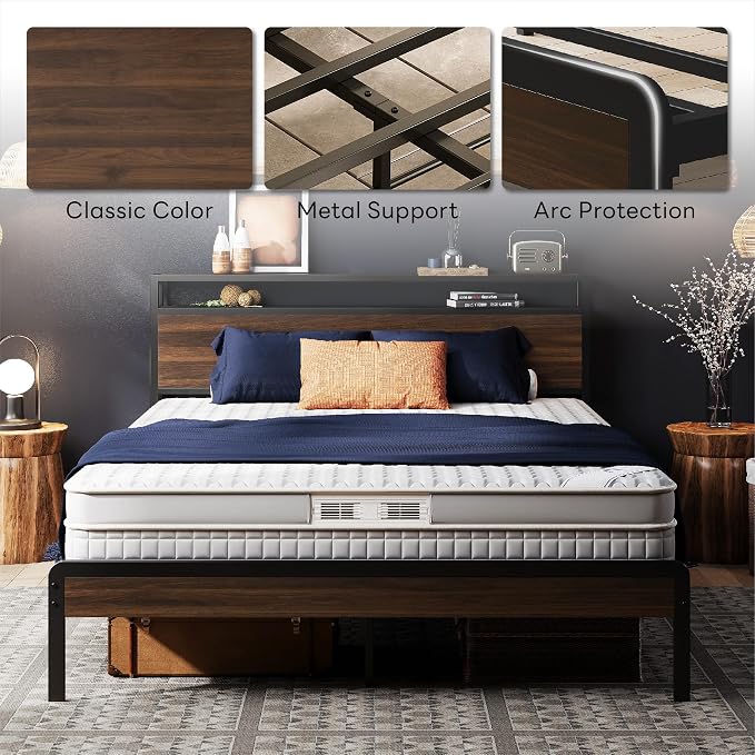 LIKIMIO Queen Bed Frame with 2-Tier Storage Shelf Headboard | Dark Wood Platform Bed, Camas Queen with Strong Metal Supports, Sturdy, Noise-Free, No Box Spring Needed, Dark Walnut