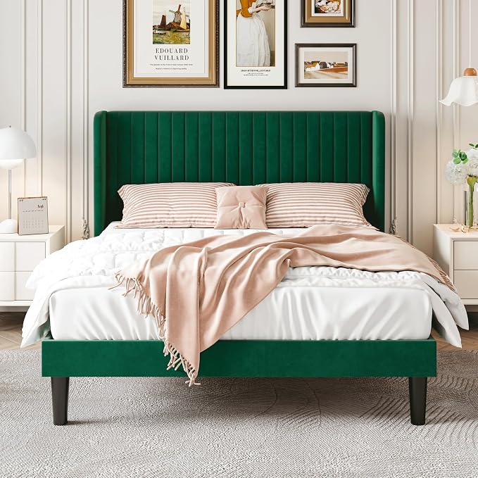 SHA CERLIN Queen Size Velvet Bed Frame, Tufted Wingback Headboard, Green | 47'' Modern Vertical Channel Headboard, Upholstered Platform Bed, Wood Slats, No Box Spring Needed, Easy Assembly, Noise Free