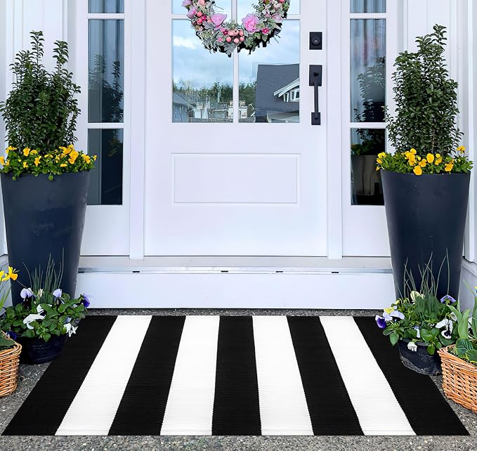 Black and White Striped Rug Doormat 24"x35" Washable Front Porch Rug Farmhouse Layered Door Mats Outdoor