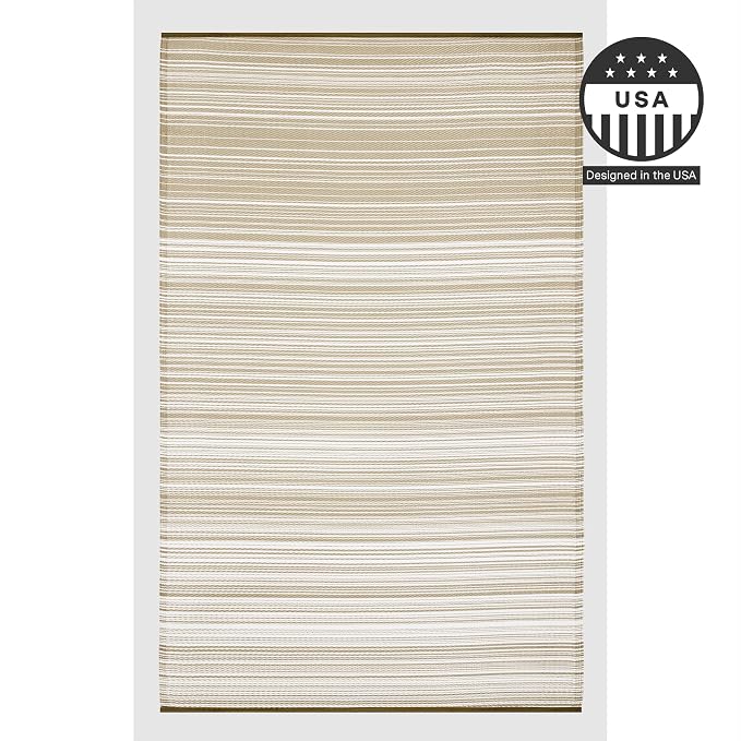 FH Home Outdoor Camping Rug - Waterproof, Fade Resistant, Reversible - Premium Recycled Plastic - Striped - Large Patio, Deck, Sunroom, RV - Havana - Beige - 9 x 12 ft Foldable