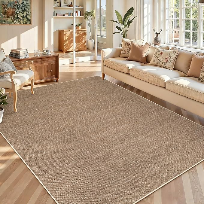 GarveeHome Washable Bedroom 4x6 Area Rug Modern Solid Easy Jute Area Rugs | Non Slip Stain Resistant Living Room Throw Carpet Low Pile Easy Jute Rugs for Kitchen Nursery Entryway Dorm Kids Room, Brown