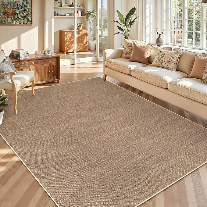 GarveeHome Easy Jute Rug 8x10 Washable Non Slip Solid Brown Living Room Rugs