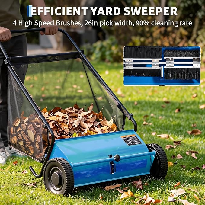 Heavy Duty 26-Inch Push Lawn Sweeper – 4 High-Speed Spinning Brushes | Durable Steel Frame, 7 Cu. Ft. Removable lawn mower, Rubber Wheels, Walk-Behind Leaf & Grass Collector for Lawn, Patio