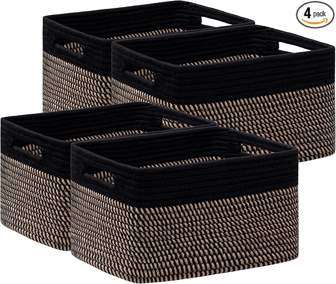 4 Pack Storage Baskets for Organizing, Woven Baskets for Shelves, Black&Brown