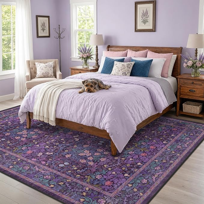 Washable Purple Floral Rug for Living Room - 9x12 Large Area Rug for Bedroom, Dining Room Under the Table, Soft Low Pile Non-Slip Stain Resistant Carpet - Vintage Plum Design