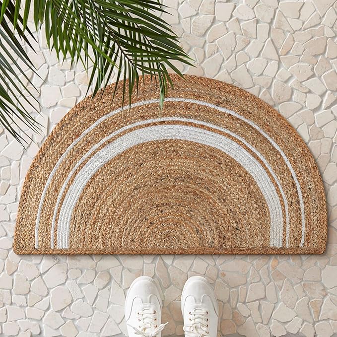 Boho Braided 1.5x3 Area Rug - Jute Natural Fiber Half Round Rug for Living Room Entryway, Farmhouse, Home, Indoor Rugs Jute Door mat for Bathroom, Kitchen (White Natural, 1.5 X 3 ft)