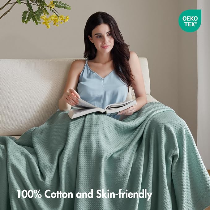 Madison Park 100% Egyptian Cotton Twin Size Bed Blanket for Summer Teal | Cozy Soft Breathable Durable, Waffle Weave Woven Casual, Lightweight Knit All Season Throw for Bed Couch or Sofa, OEKO TEX