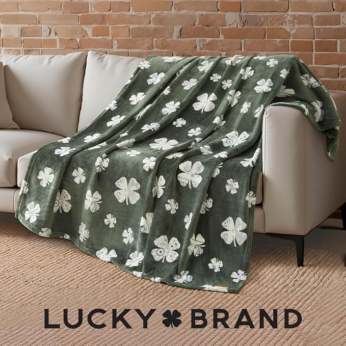 Lucky Brand 50" x 70" Plush Throw Blanket, Clover Green Blanket for Sofa or Bed