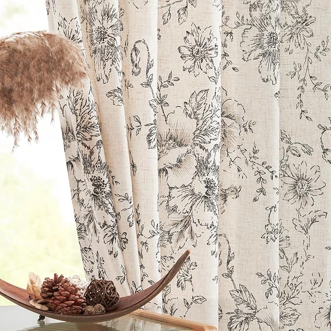 jinchan Lined Linen Blend Curtain Floral Curtains for Living Room 90 Inches Long Black Peony Flower Printed Curtain Back Tab Farmhouse Patterned Drapes Bedroom Window Curtains Set 2 Panels