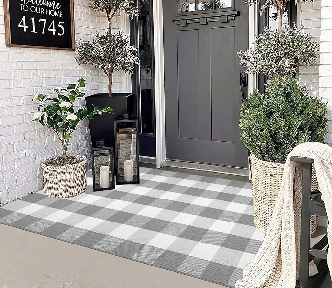 Grey and White Outdoor Rug 3'x 5' Fall Checkered Porch Rug Cotton Woven Washable Layering Door Mats for Welcome Door Mat Porch Entryway Bedroom Living Room
